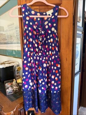 Moulinette Soeurs Navy Polka Dot Ruffle-Front Midi with Lace Hem